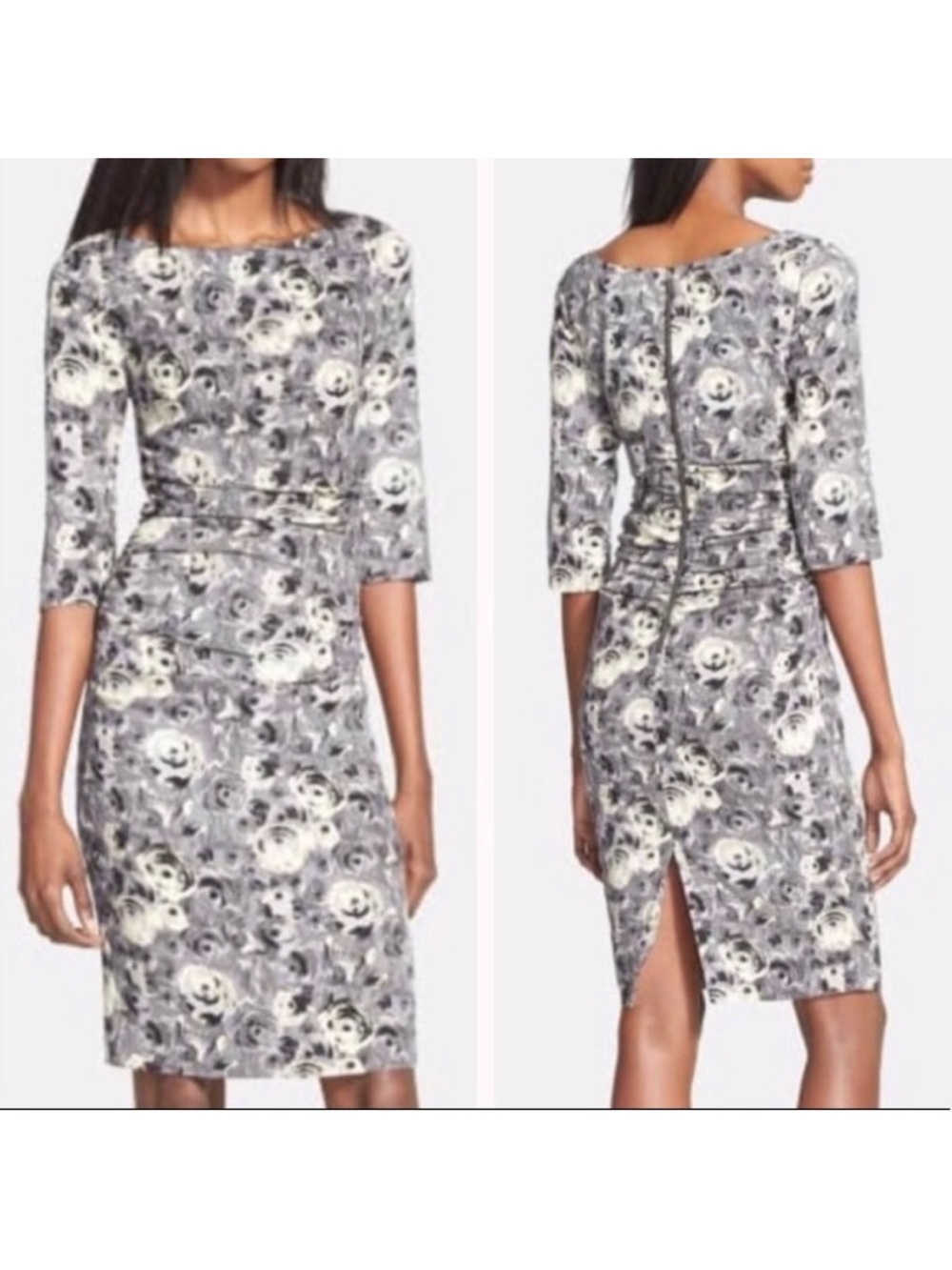 Tracy Reese 3/4 Sleeve Grey Rose Stretch Silk Sheath Dress Size 8